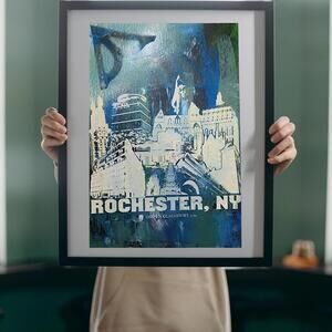 The 'Pergamon' Monoprint Poster of the Rochester, NY Skyline Poster. 13 x 19"
